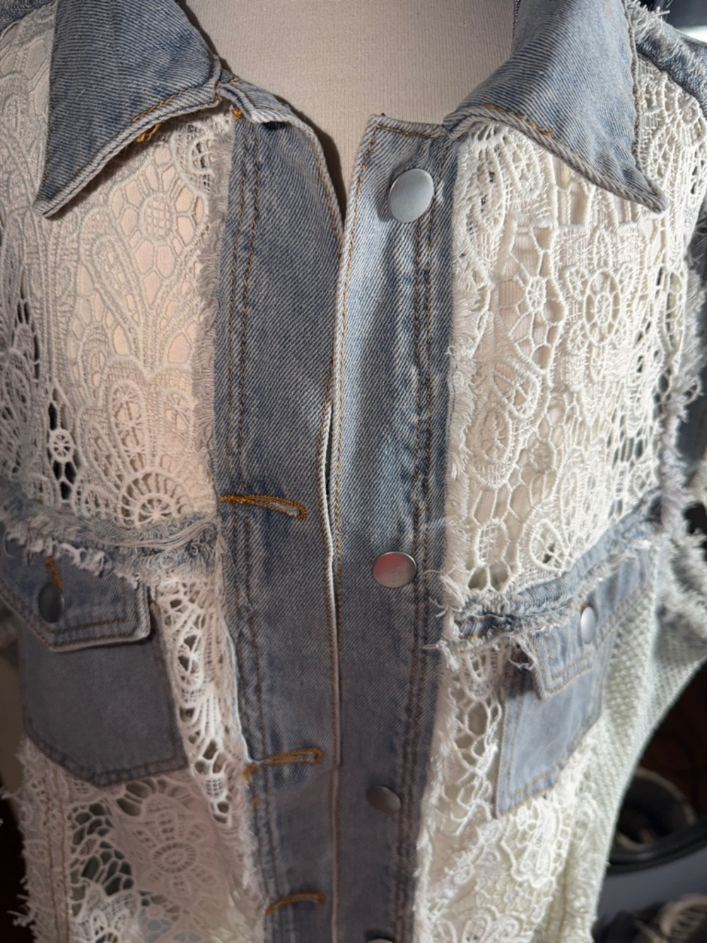 POL Light Blue Denim Vest with White Lace Inset - Picture 9 of 11